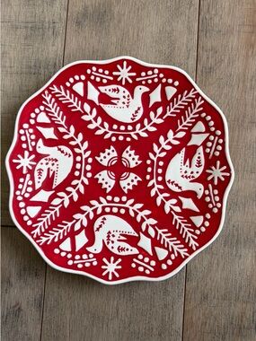 Pier One Festive Dessert Plate Winter Bird Red White Scalloped Folk Art Nordic